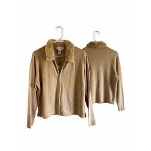 Norton Menaughton Tan Faux Fur Collar Zip Up Cardigan XL